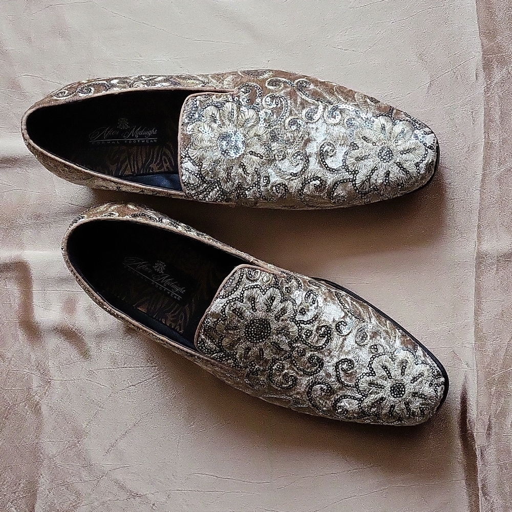 After Midnight men's EUC classy sparkling silver sequinned tan dress shoe sz 10